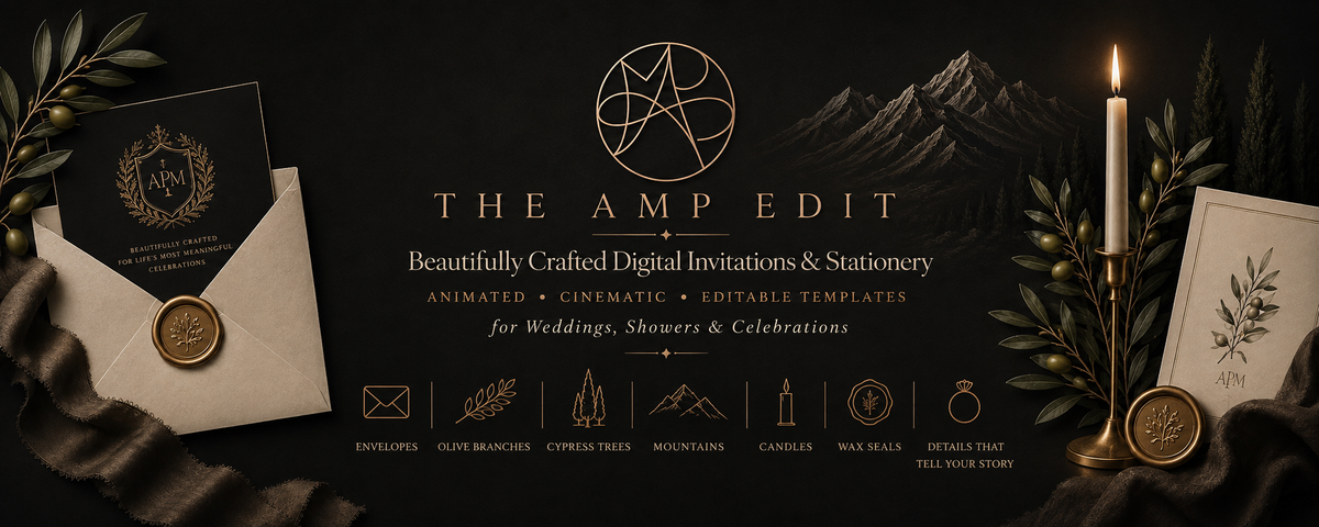A dark promotional banner for The Amp Edit digital stationery template. The design features elegant gold typography on a black background, surrounded by styled mockups of a wedding invitation with an envelope and wax seal, a candle, olive branches, and a card with a wax seal.