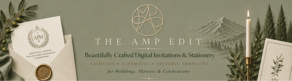 A styled promotional graphic for 'The Amp Edit' digital invitation and stationery template. The design features elegant cream-colored envelopes, cards, and a gold wax seal on a textured sage green background, accented by pine branches, a lit candle in a brass holder, and a mountain landscape illustration in the distance.