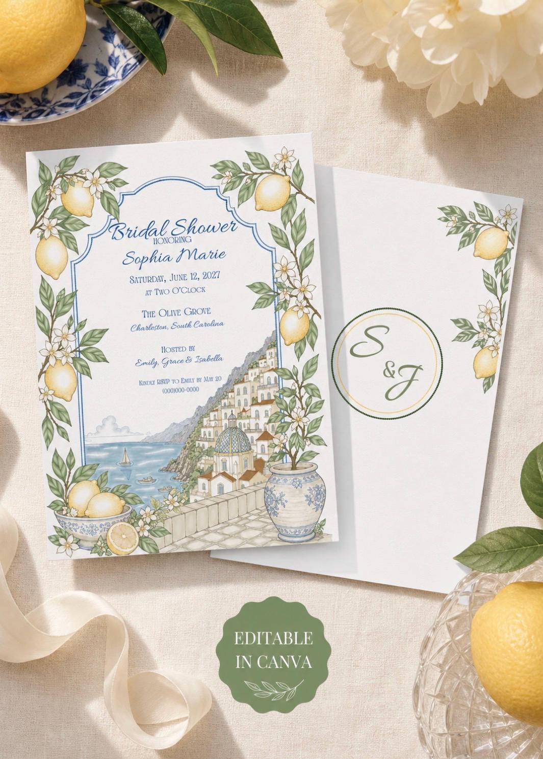 Amalfi Coast Bridal Shower Invitation Template | Editable Canva Invite | Mediterranean Lemon or Italian Bridal Shower | Instant Download