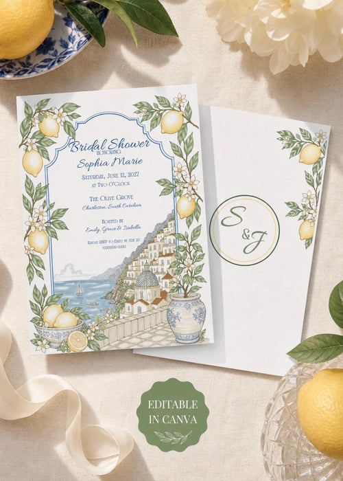 Amalfi Coast Bridal Shower Invitation Template | Editable Canva Invite | Mediterranean Lemon or Italian Bridal Shower | Instant Download