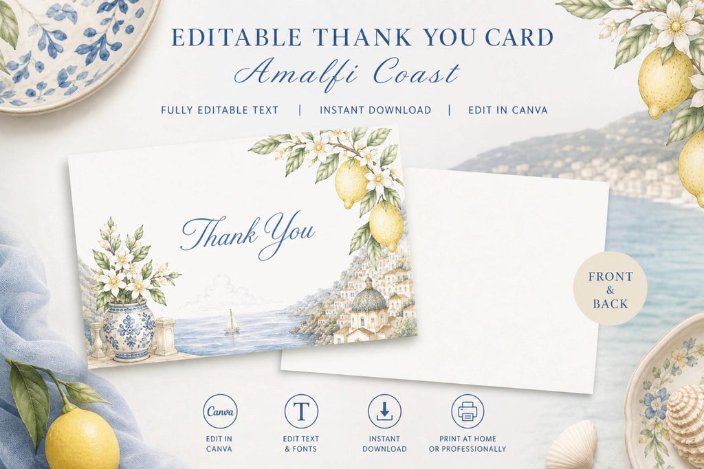 Amalfi Coast Folded Thank You Card Template | Editable in Canva | Instant Digital Download
