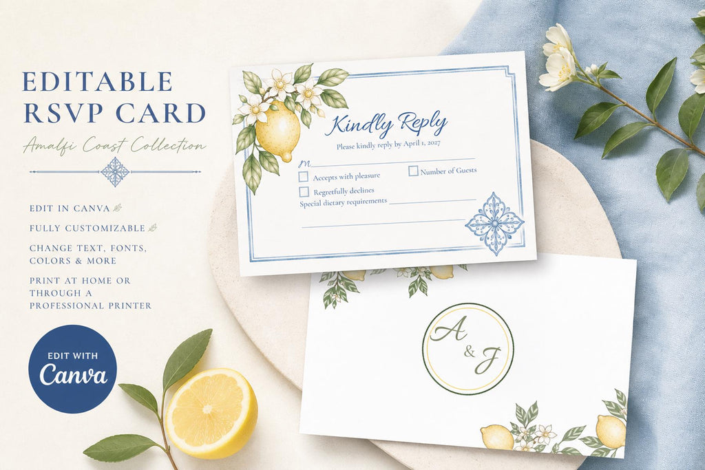 Amalfi Coast RSVP Card Template | Editable Canva Wedding RSVP | Mediterranean Lemon Response Card | Italy Wedding | Instant Download