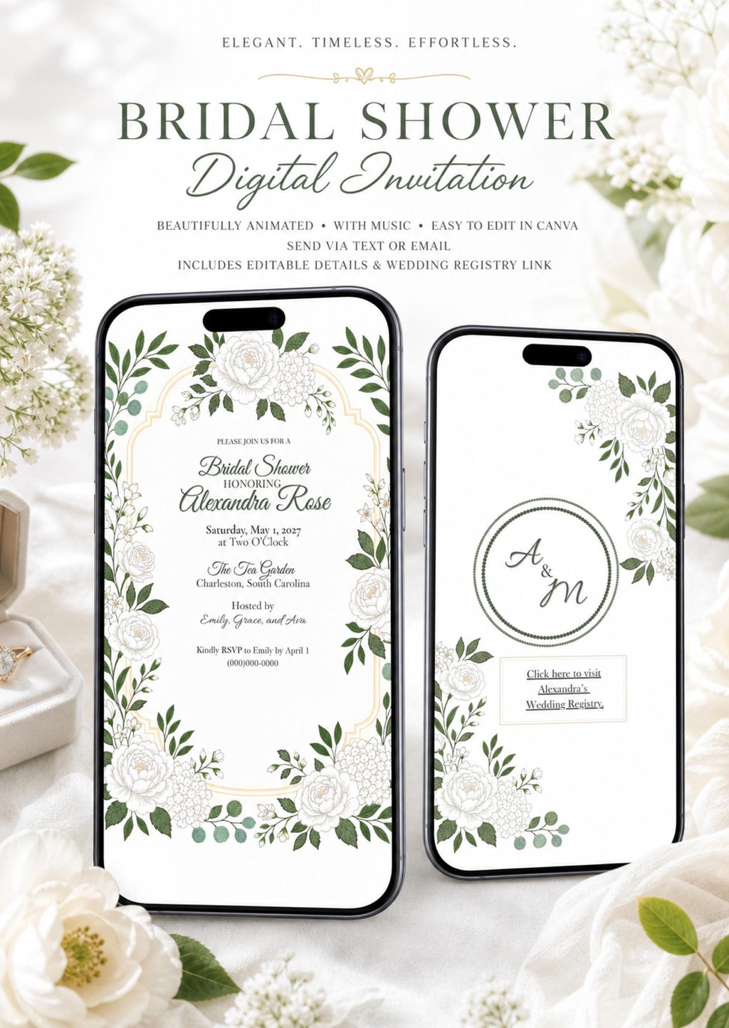 Animated White Garden Bridal Shower Invitation | Editable Canva Bridal Shower Invite | Digital Floral Shower Invitation with Registry Link |