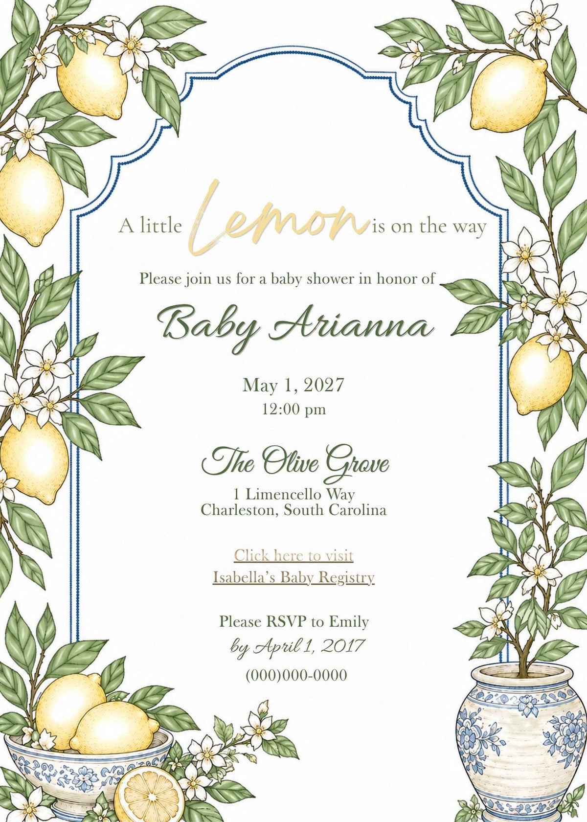 Editable Lemon Baby Shower Invitation Template, Amalfi Coast Design for Canva