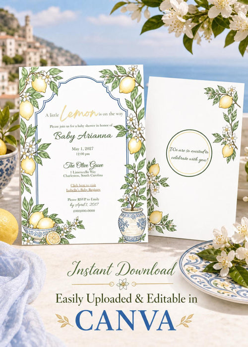 Editable Lemon Baby Shower Invitation Template, Amalfi Coast Design for Canva