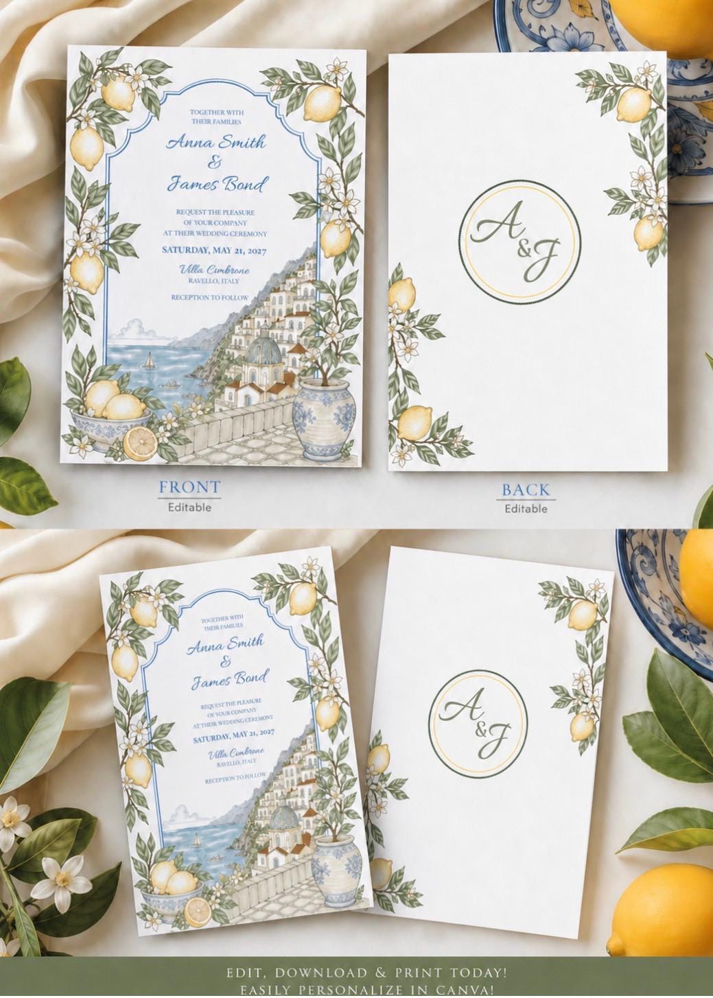 Amalfi Coast Wedding Invitation Template | Editable in Canva | Instant Download