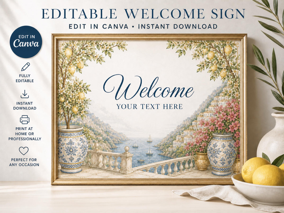 Amalfi Coast Wedding Reception Sign Bundle | Editable Canva Welcome Signs, Table Numbers & Tabletop Signs