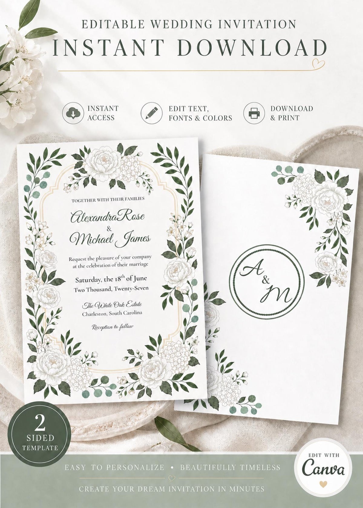 White Garden Wedding Invitation Template | Editable Canva Invite | Elegant White Floral | Printable Botanical Invite | Instant Download