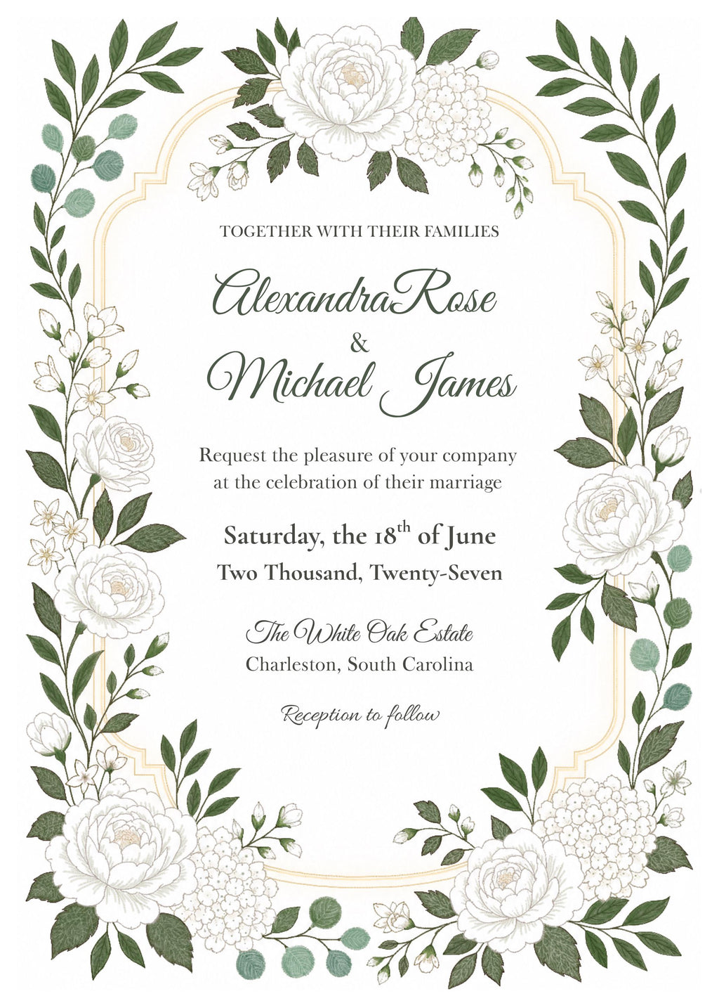 White Garden Wedding Invitation Template | Editable Canva Invite | Elegant White Floral | Printable Botanical Invite | Instant Download
