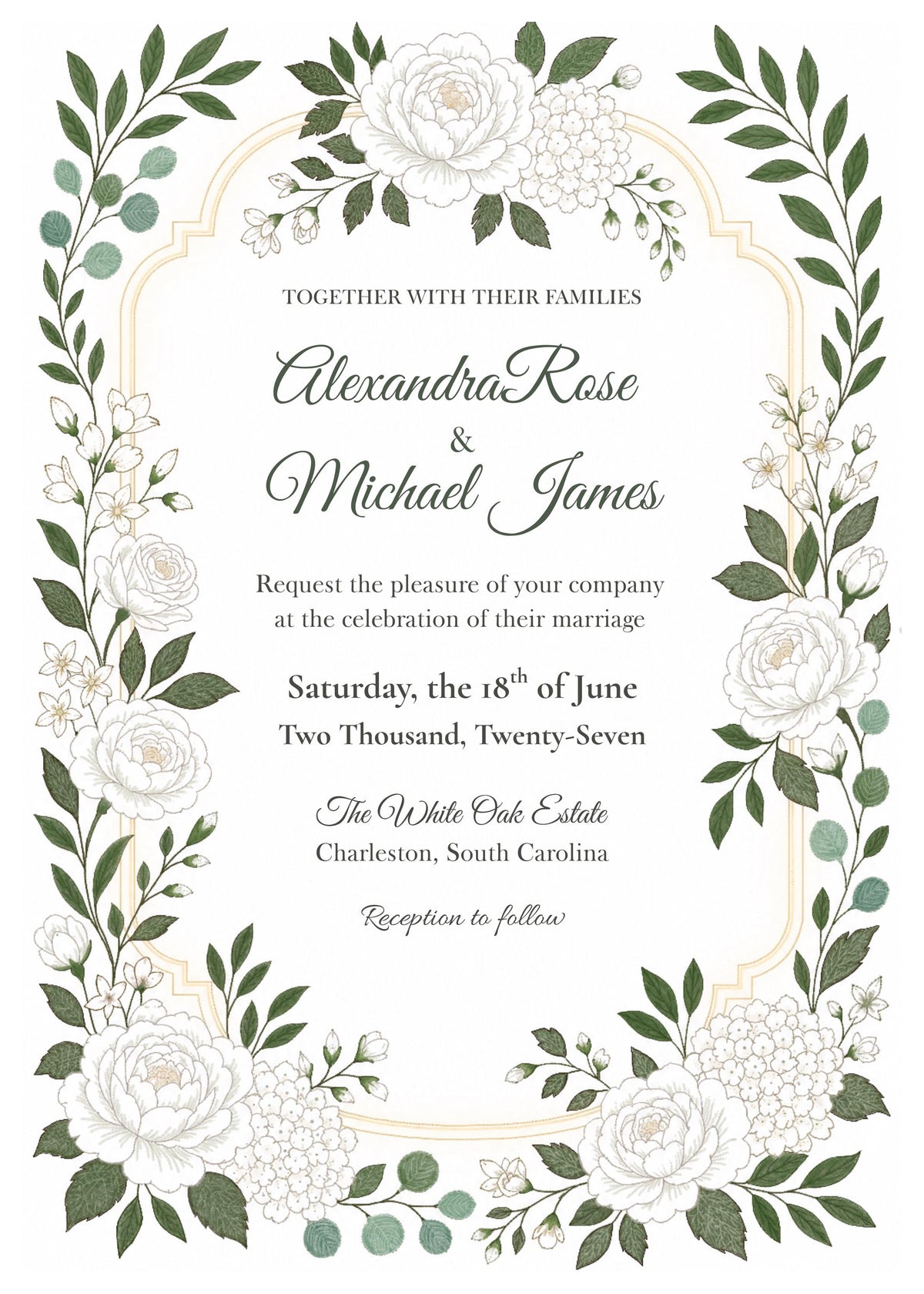 White Garden Wedding Invitation Template | Editable Canva Invite | Elegant White Floral | Printable Botanical Invite | Instant Download