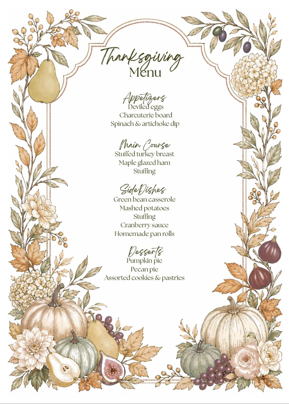 A Thanksgiving menu template with a decorative border of fall leaves, gourds, and fruit, listing Appetizers, Main Course, Side Dishes, Desserts.