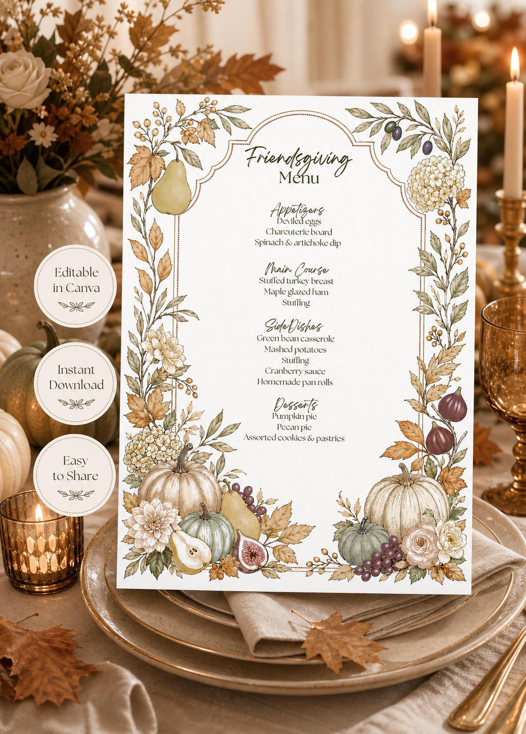 A white menu card with a decorative border of fall foliage, gourds, and fruit, with the text "Friendsgiving Menu" at the top, placed on a white plate with a gold rim on a table with fall decor.