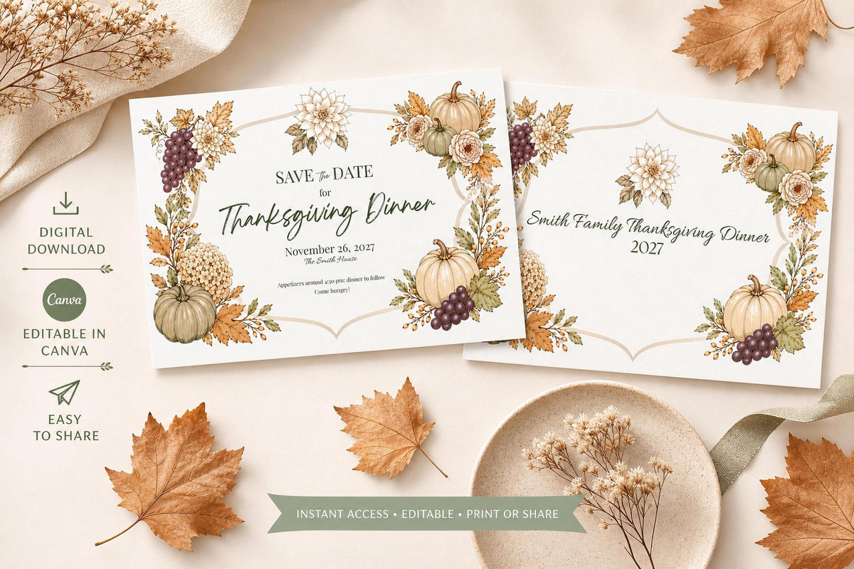 Two white invitations with autumn leaves, pumpkins, and grapes, one with event details and the other with "Smith Family Thanksgiving Dinner 2027", next to a brown envelope and dried flowers.