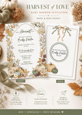 Two invitation cards, one front and one back, with fall-themed watercolor borders, text, and instructions for editing and sharing.