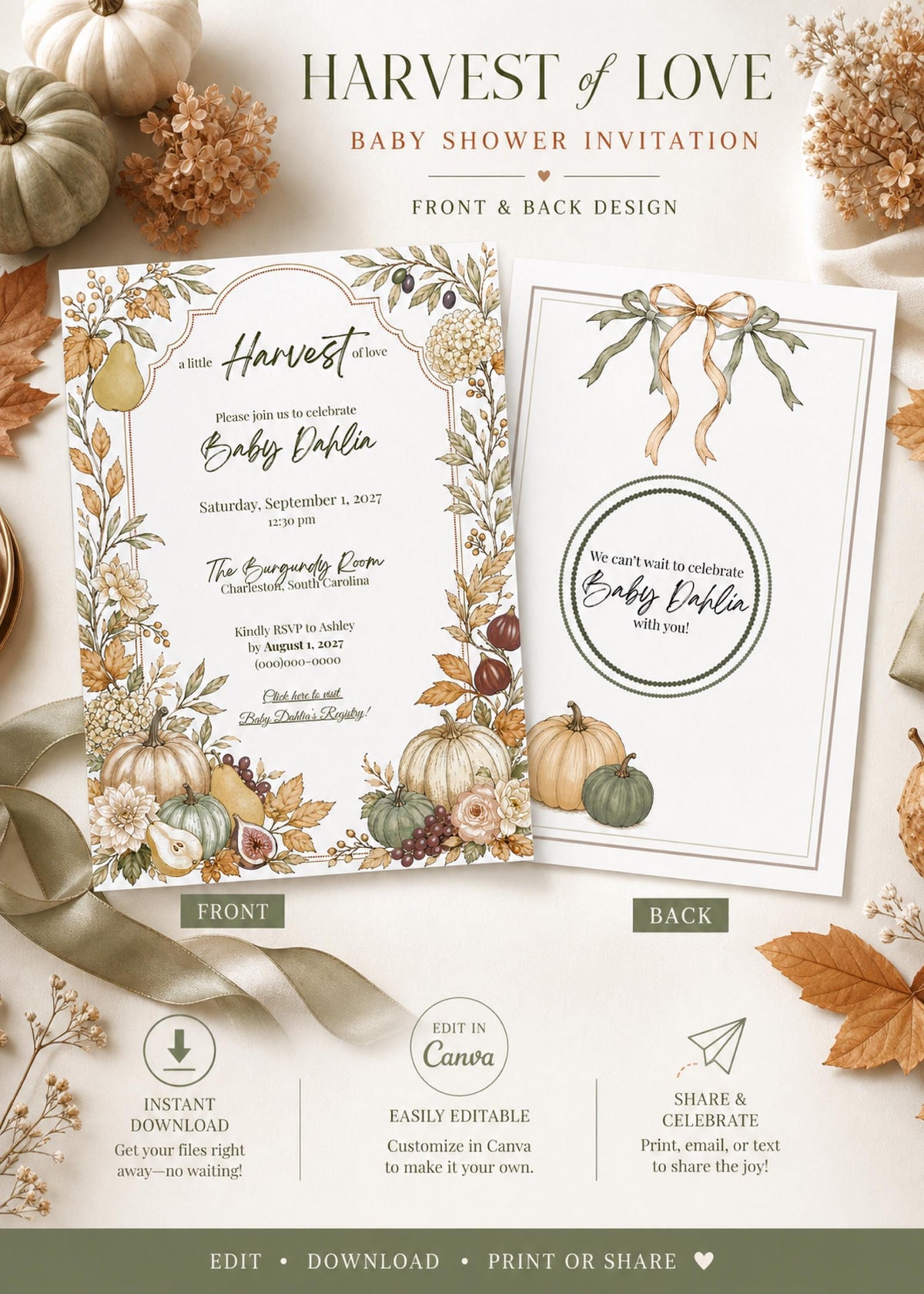 Two invitation cards, one front and one back, with fall-themed watercolor borders, text, and instructions for editing and sharing.