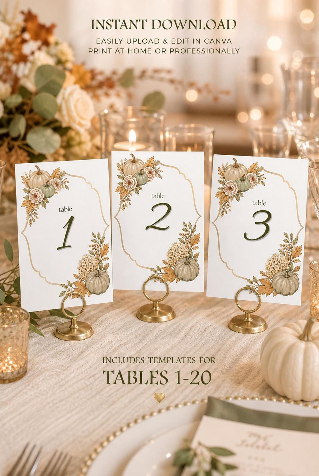 Autumn Table Numbers | Editable Canva Templates with Floral, Pumpkin & Grape Designs