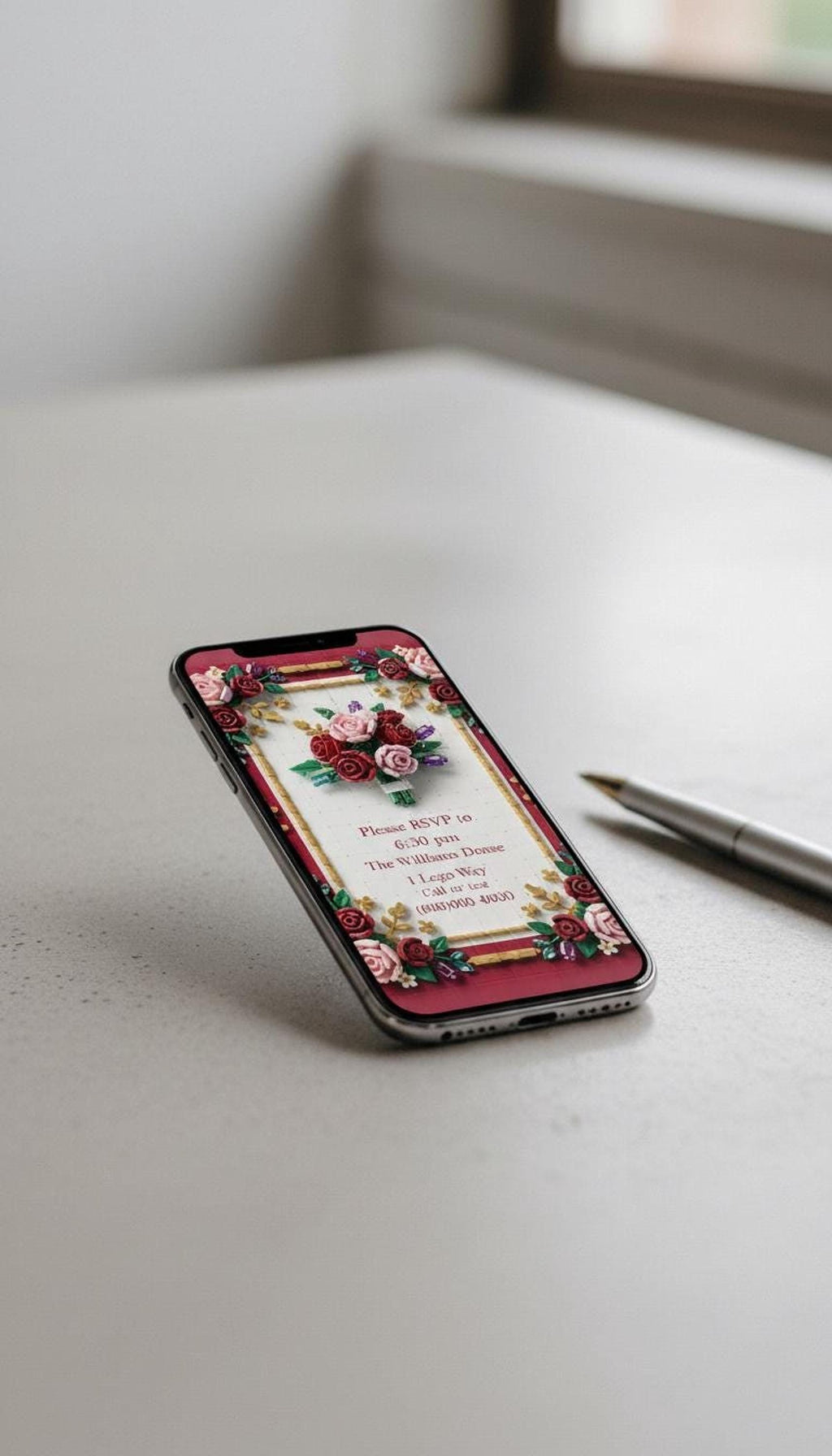 Editable Floral Brick Birthday Invitation, Animated Canva Template for Digital Events shown in an AI-generated listing photo