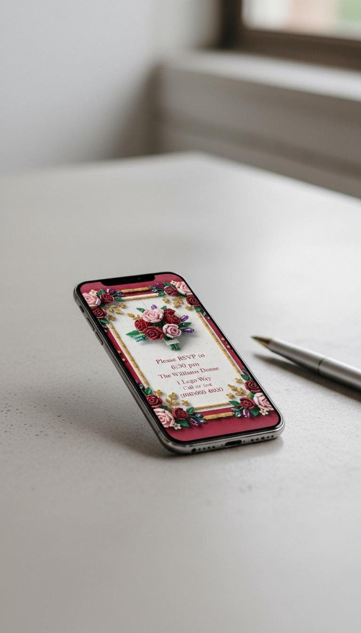 Editable Floral Brick Birthday Invitation, Animated Canva Template for Digital Events shown in an AI-generated listing photo