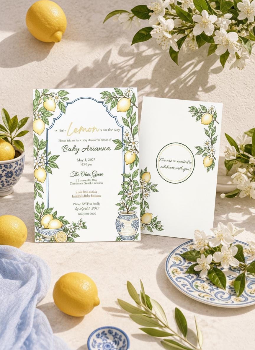 Editable Lemon Baby Shower Invitation Template, Amalfi Coast Design for Canva shown in an AI-generated listing photo