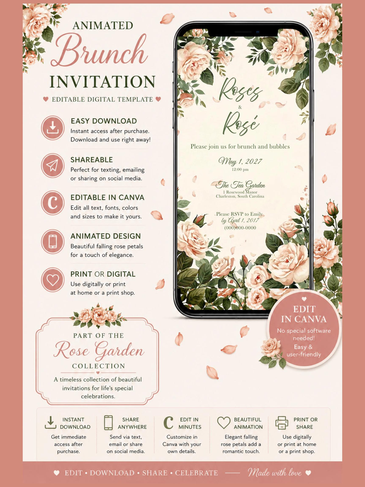 Animated Brunch and Bubbles Invitation | Editable Canva Floral Brunch Invite | Roses and Rosé Digital Invitation