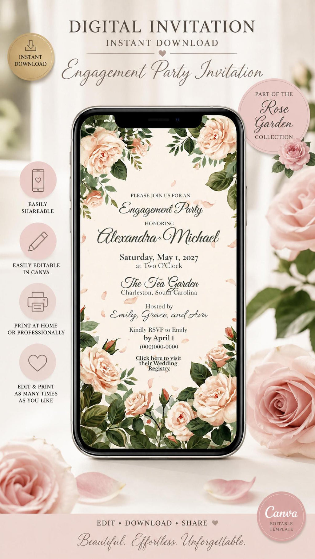 Animated Floral Engagement Party Invitation | Editable Canva Mobile Invite | Rose Garden Collection
