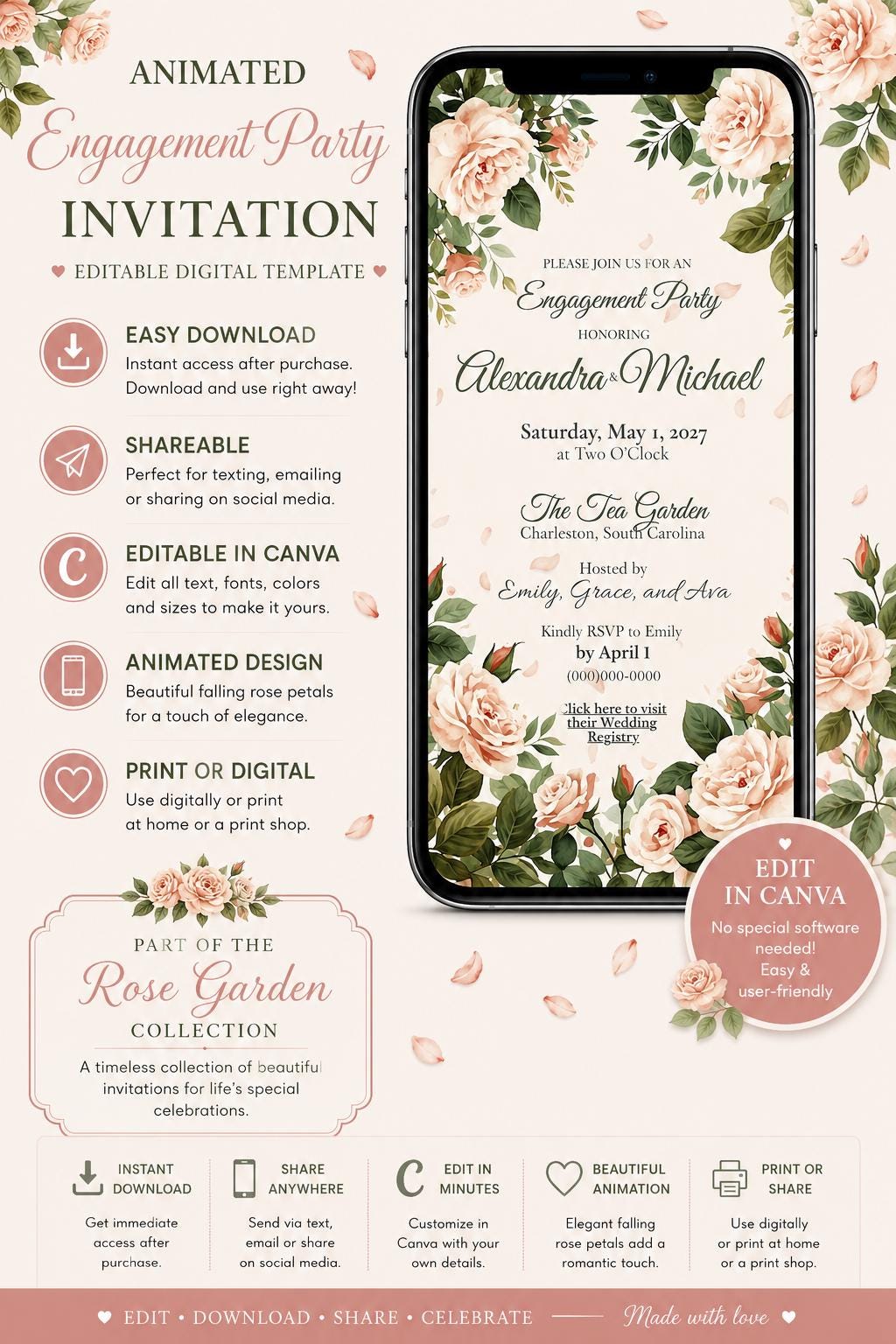 Animated Floral Engagement Party Invitation | Editable Canva Mobile Invite | Rose Garden Collection