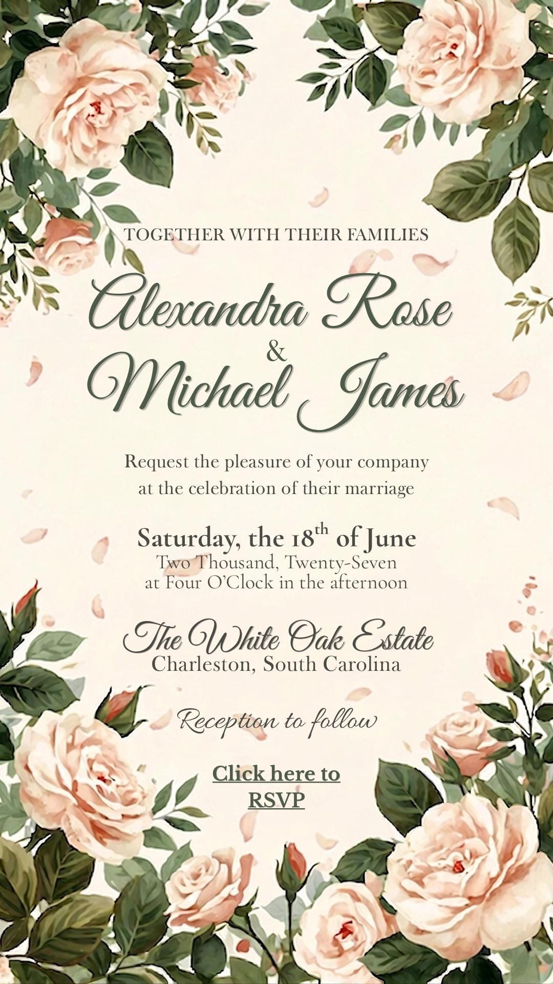Animated Rose Wedding Invitation | Editable Canva Mobile Wedding Invite | Floral Digital Invitation | Rose Garden Collection