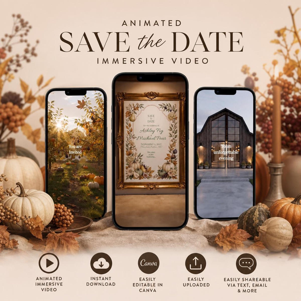 Cinematic Wedding Invite Video, Editable in Canva, Save the Date for Autumn Celebrations