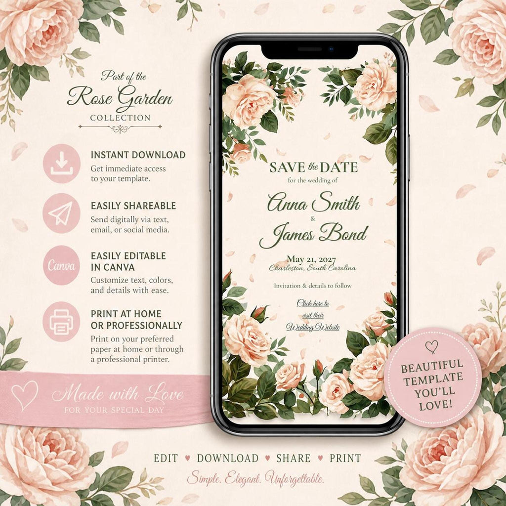 Animated Wedding Save the Date Template, Editable Canva Design with Floral Rose Garden Artwork