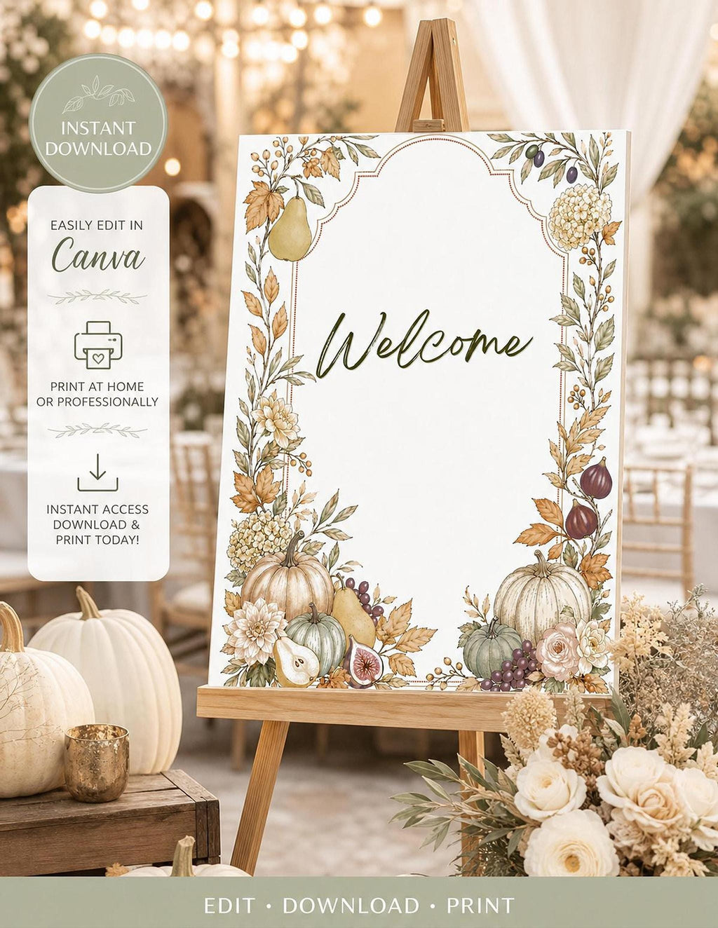 Editable Autumn Harvest Wedding Welcome Sign Bundle, 2 Canva Templates for Fall