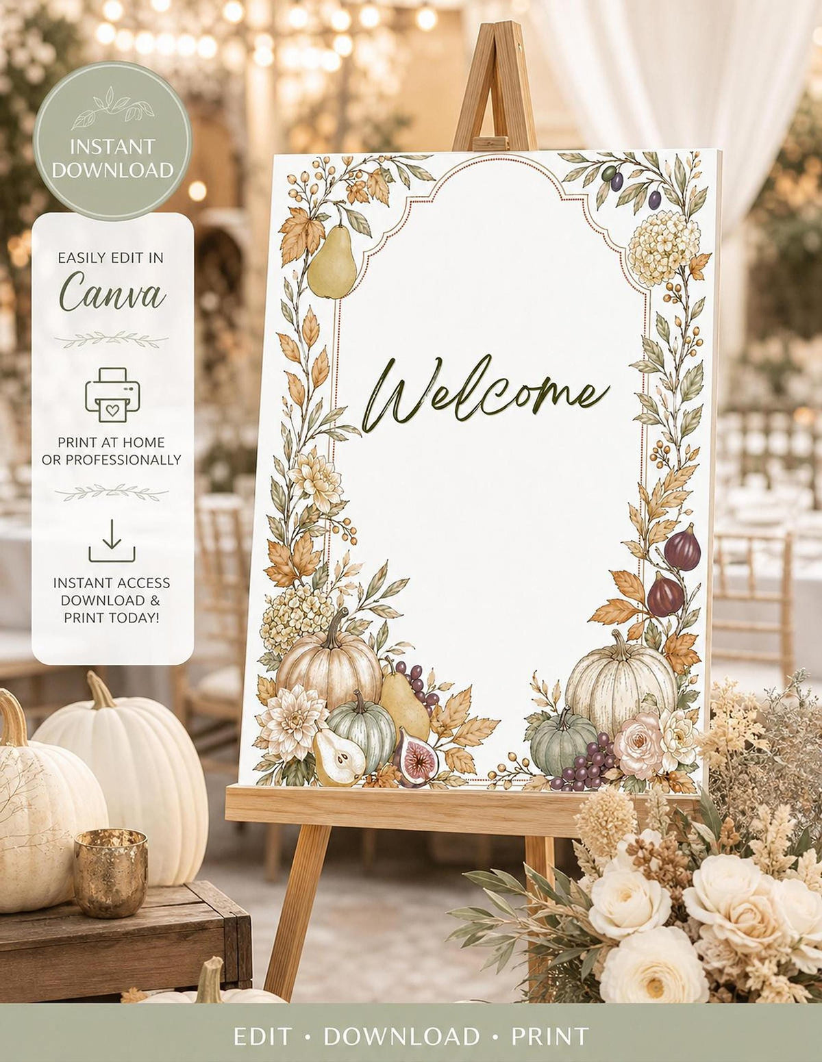 Editable Autumn Harvest Wedding Welcome Sign Bundle, 2 Canva Templates for Fall