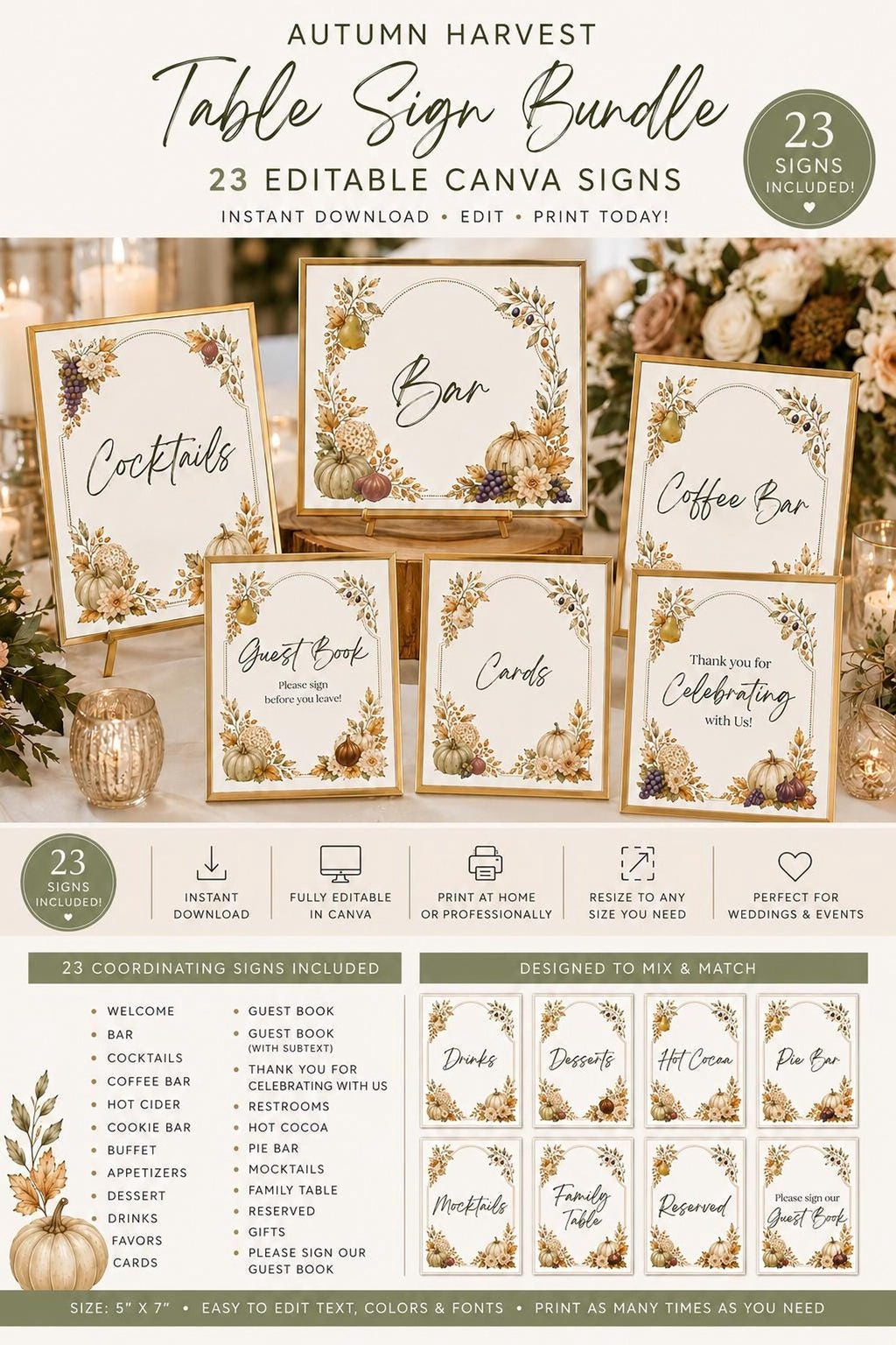 Autumn Harvest Wedding Table Sign Bundle, 23 Editable Canva for Fall Decor