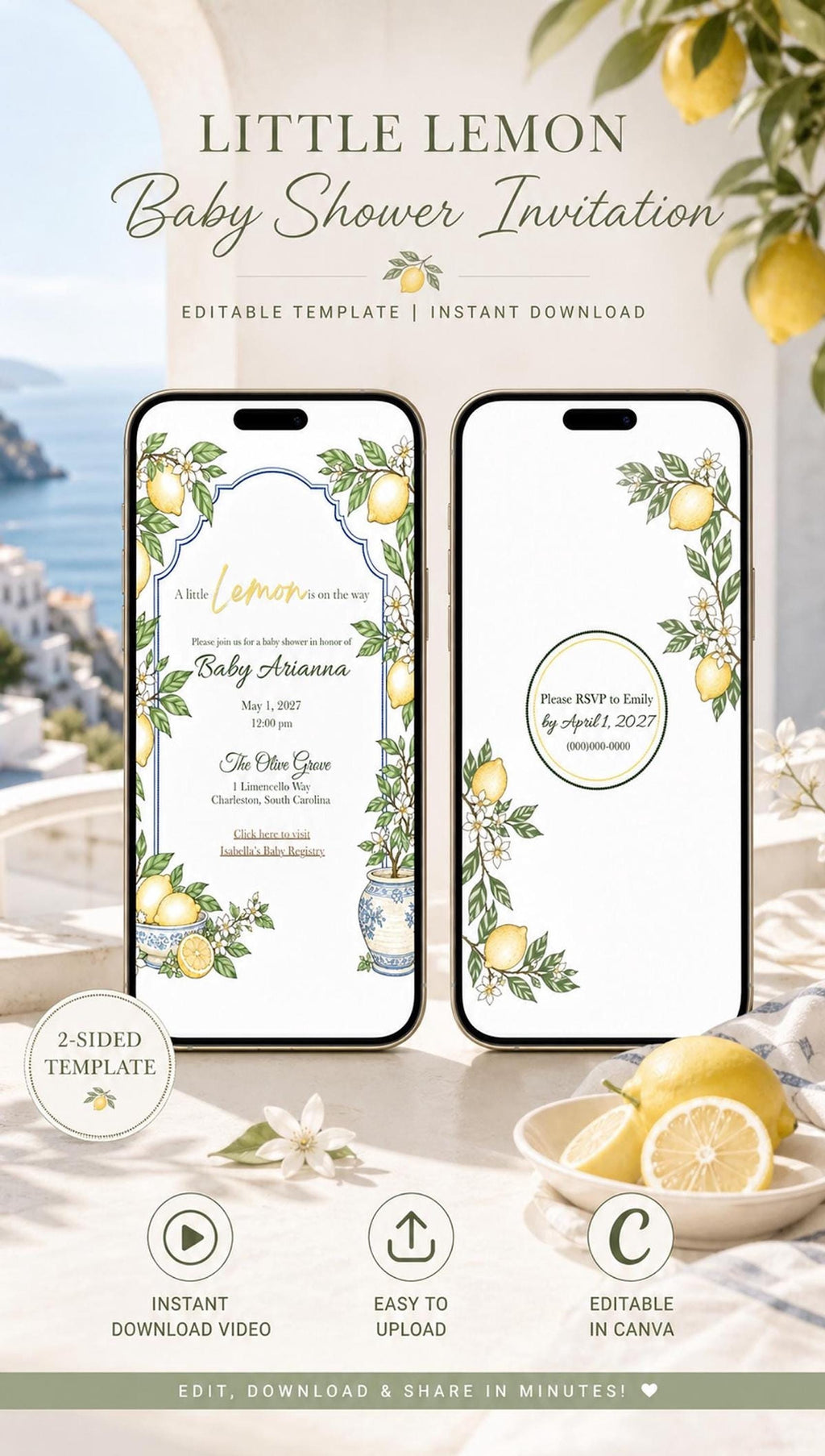 Animated Lemon Baby Shower Invitation, Editable Canva Video with Registry Link