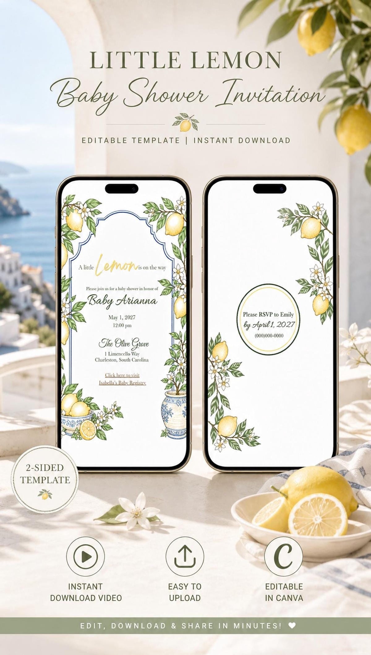 Animated Lemon Baby Shower Invitation, Editable Canva Video with Registry Link