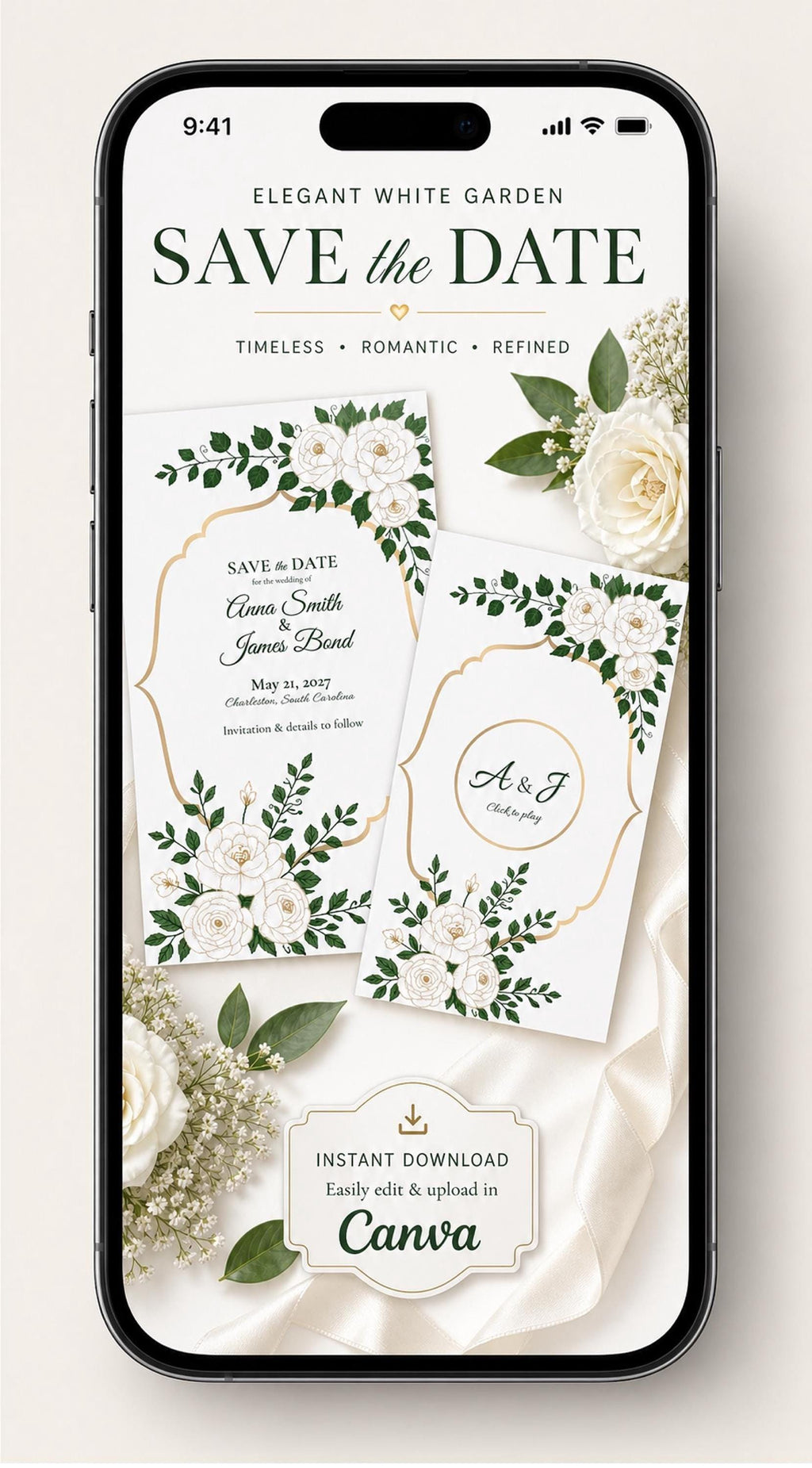 Animated White Garden Save the Date, Editable Canva Template for Elegant Weddings
