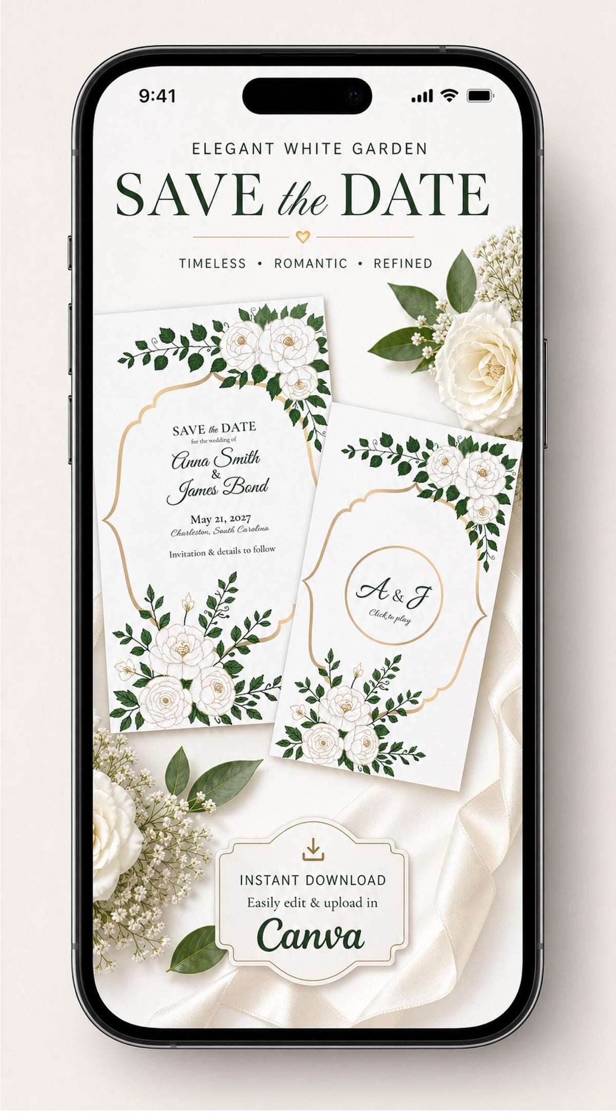 Animated White Garden Save the Date, Editable Canva Template for Elegant Weddings