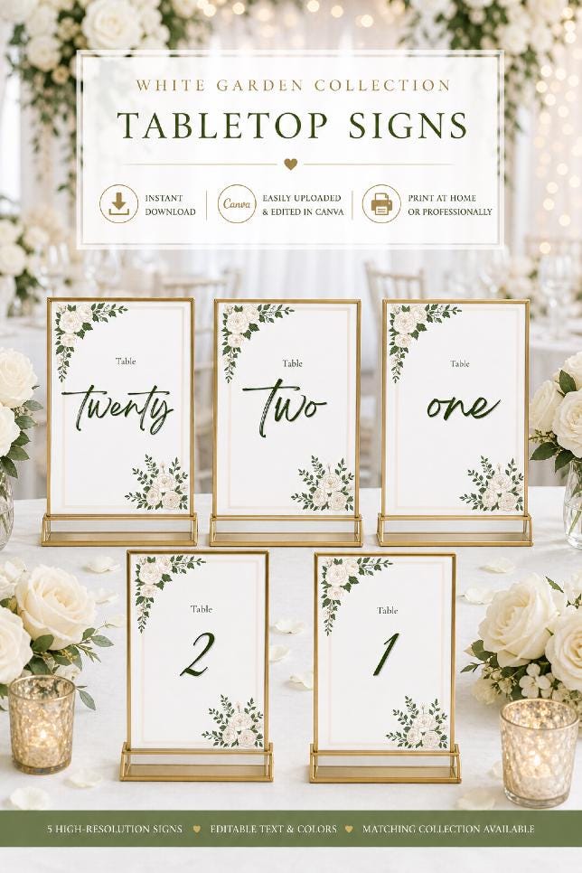 White Garden Wedding Sign Bundle | 33+ Editable Canva Reception Signs | Welcome Signs, Table Numbers & Tabletop Signs | Instant Download