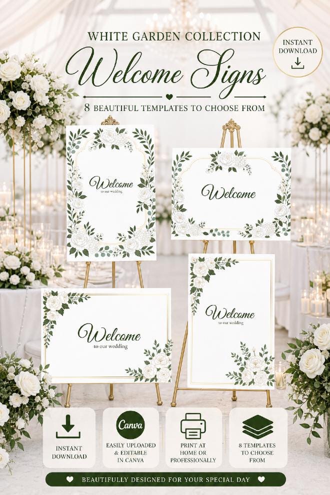 White Garden Wedding Sign Bundle | 33+ Editable Canva Reception Signs | Welcome Signs, Table Numbers & Tabletop Signs | Instant Download