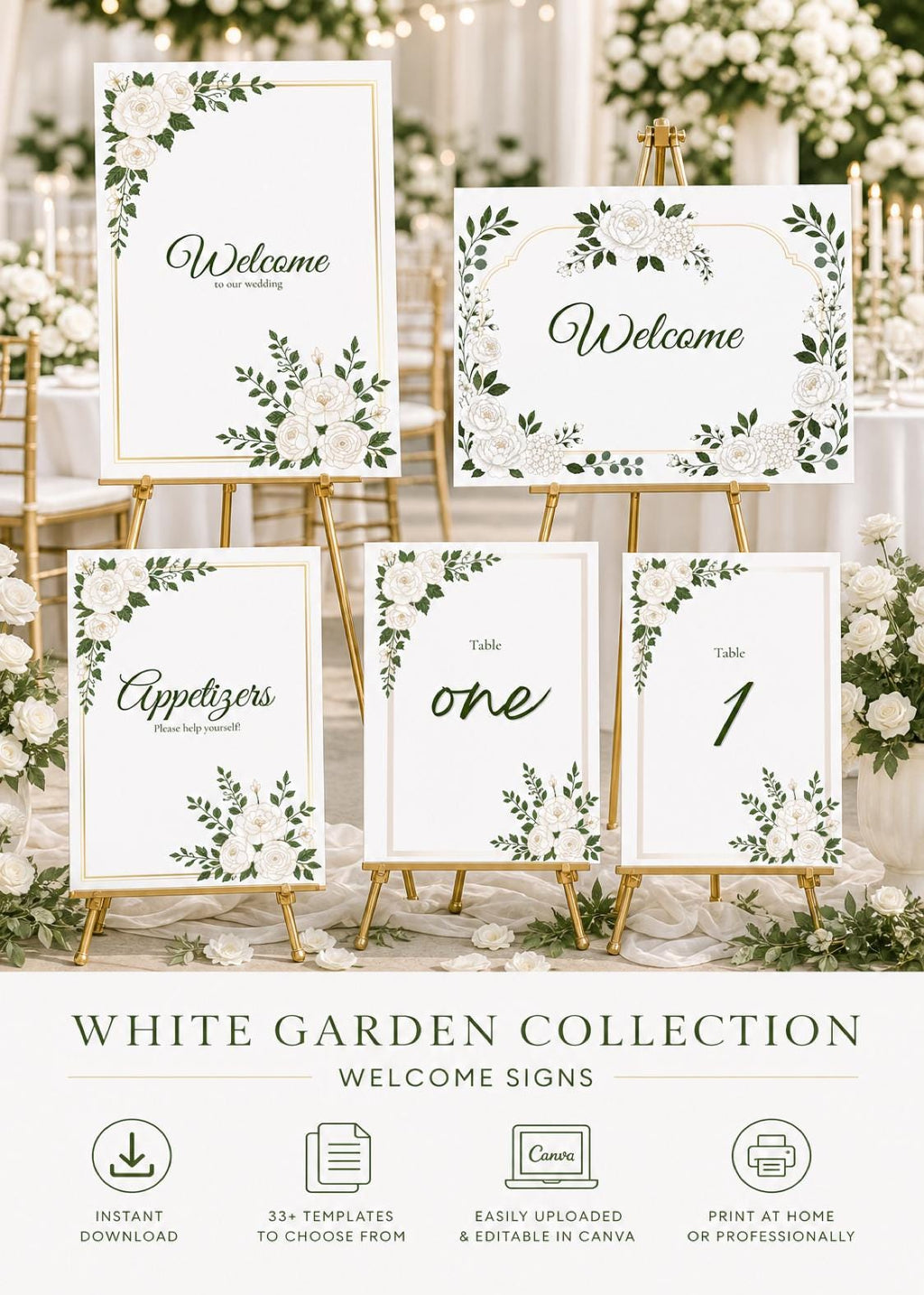 White Garden Wedding Sign Bundle | 33+ Editable Canva Reception Signs | Welcome Signs, Table Numbers & Tabletop Signs | Instant Download