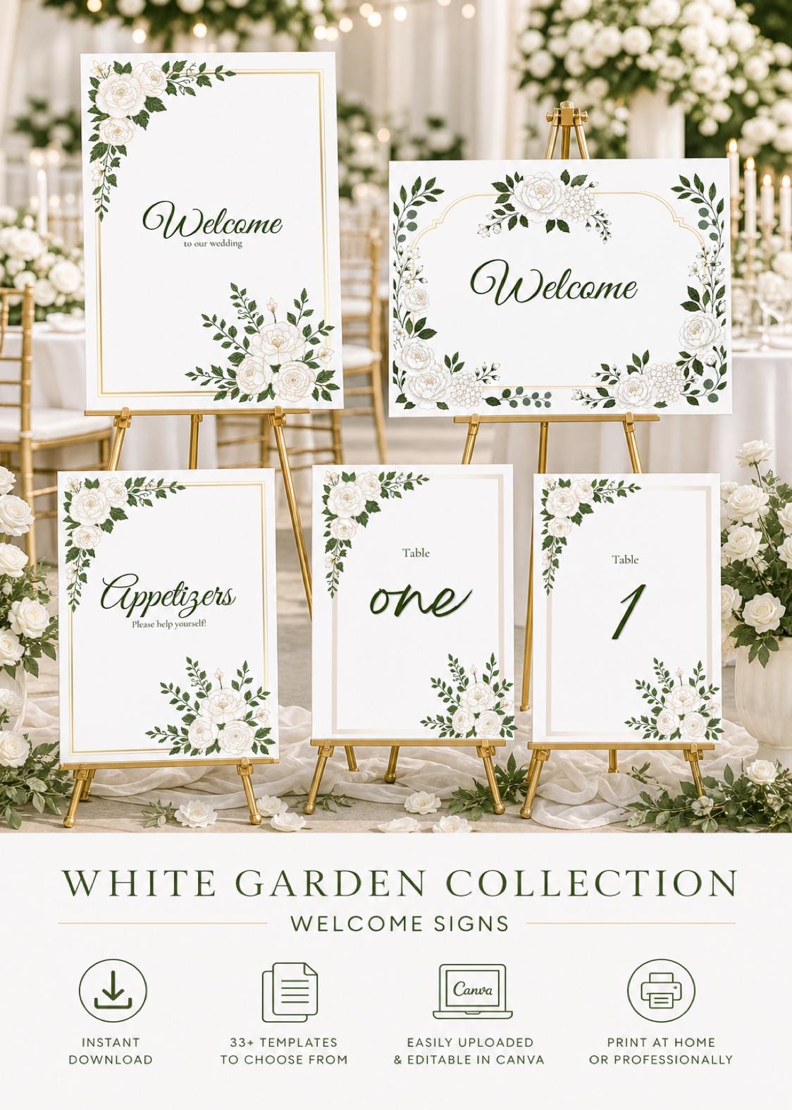 White Garden Wedding Sign Bundle | 33+ Editable Canva Reception Signs | Welcome Signs, Table Numbers & Tabletop Signs | Instant Download