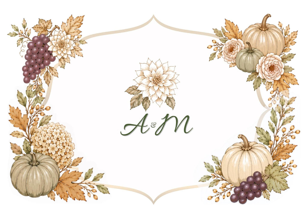 A digital card with a white background, framed by watercolor autumn leaves, pumpkins, grapes, and flowers, with the green cursive letters "A & M" in the center.