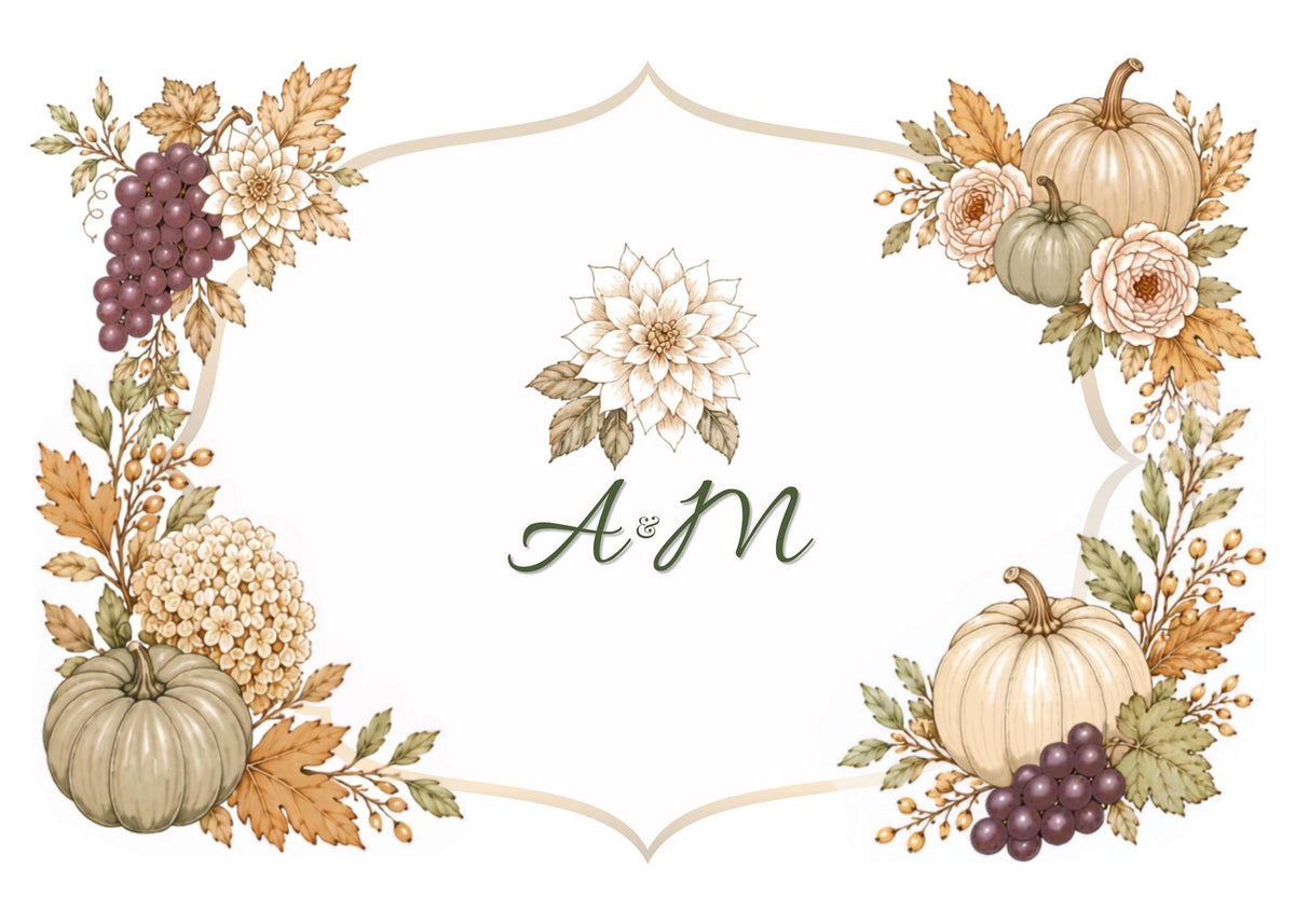 A digital card with a white background, framed by watercolor autumn leaves, pumpkins, grapes, and flowers, with the green cursive letters "A & M" in the center.