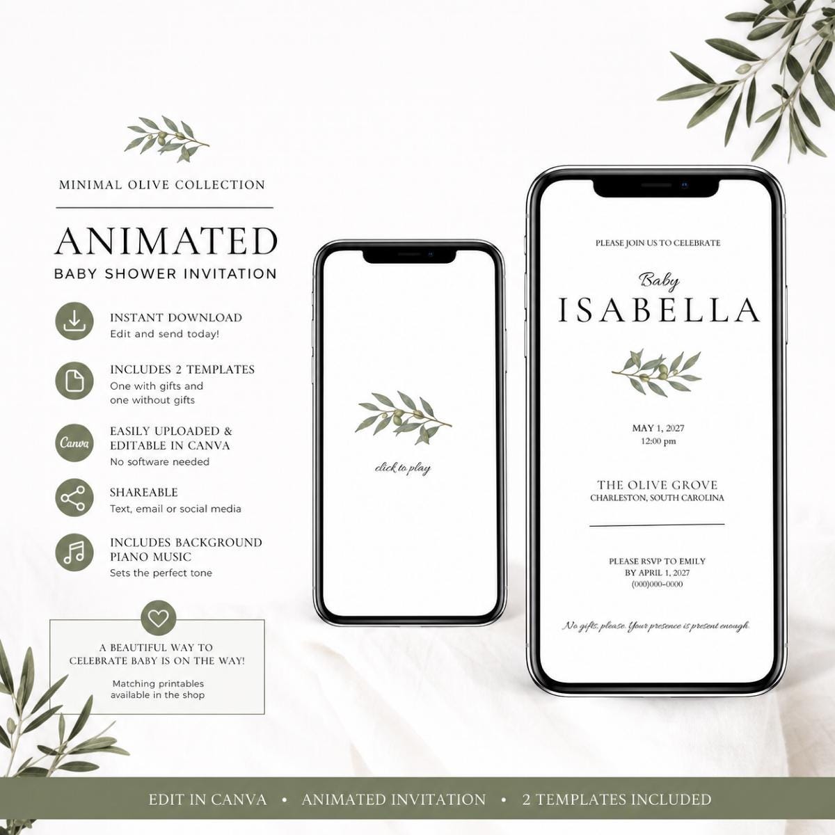 Minimal Olive Baby Shower Invite | Animated Canva Baby Shower Invitation | Editorial Baby Shower Template | Instant Download