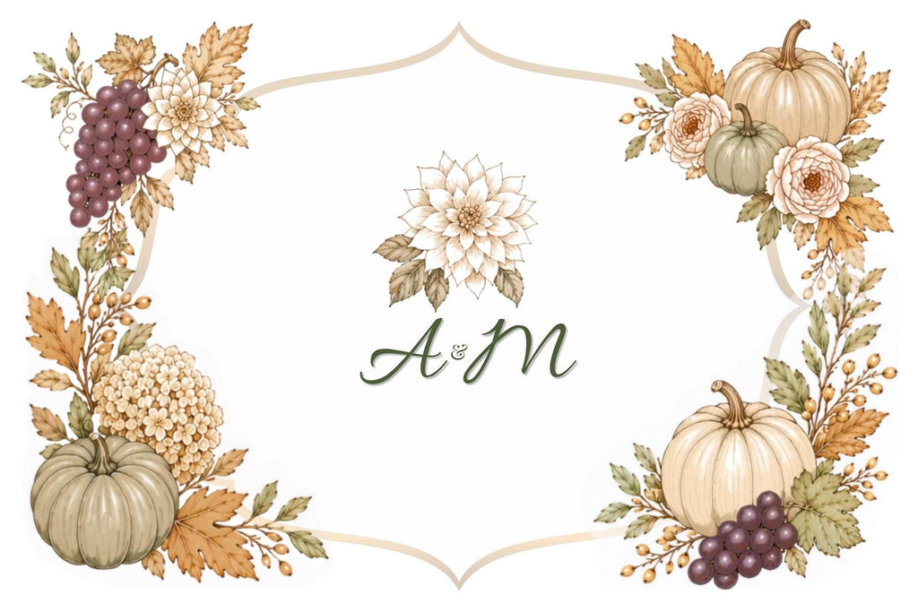 A wedding save-the-date card with a border of watercolor fall foliage, pumpkins, grapes, and dahlias, with the initials "A & M" in the center.