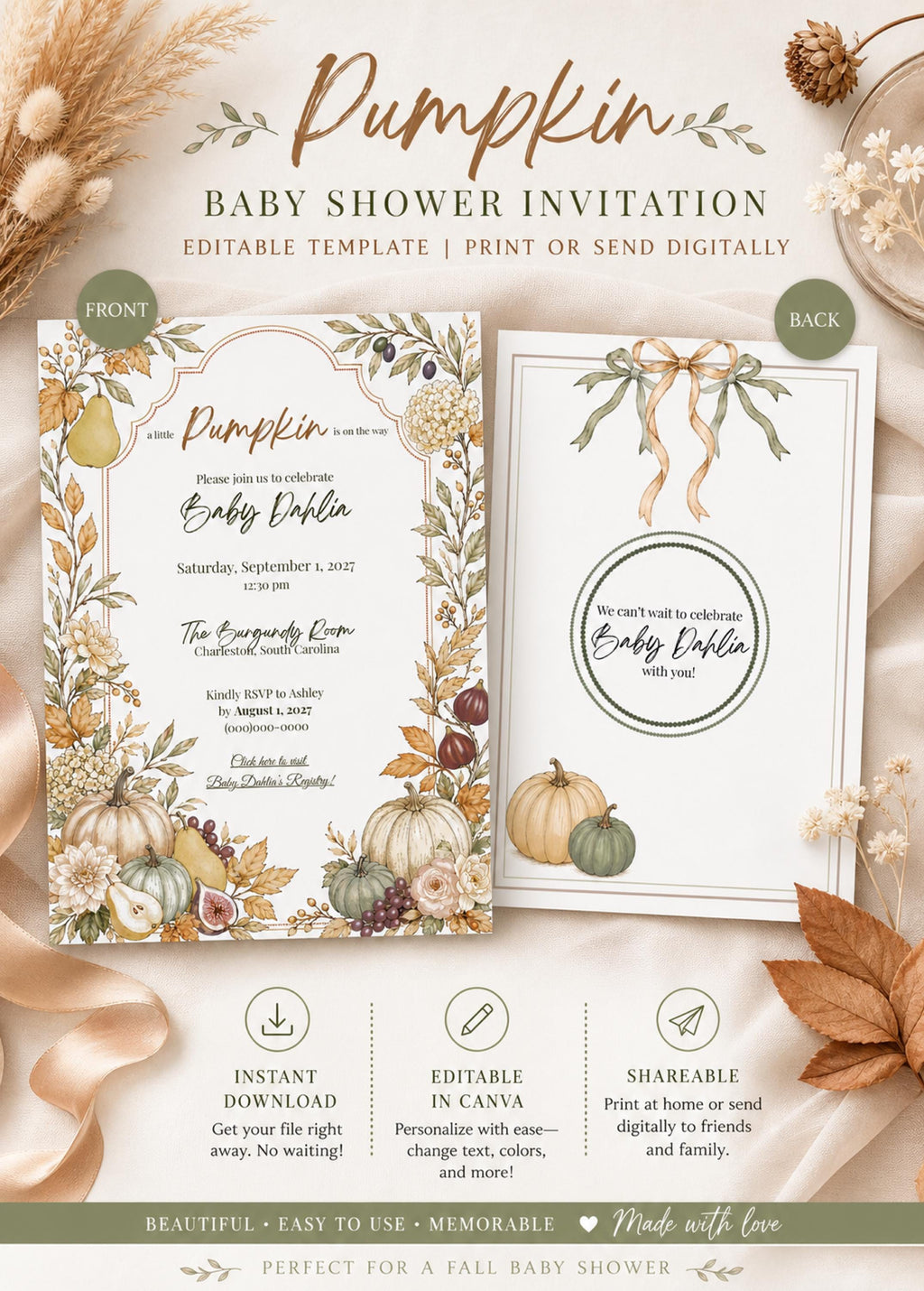 Pumpkin Baby Shower Invitation Template | Editable Canva Invite | Instant Download