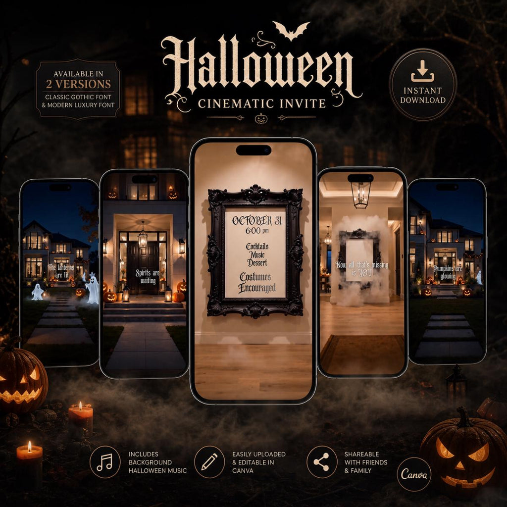 Cinematic Halloween Party Invitation | 2 Editable Canva Templates | Gothic & Modern Fonts | Mobile Video Invite