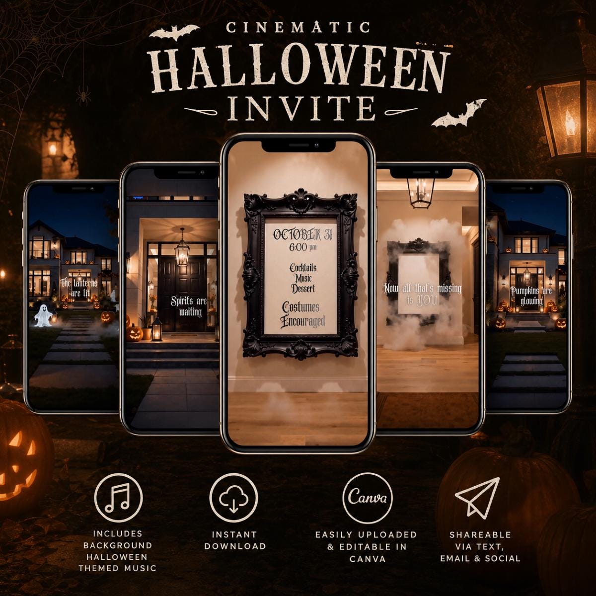 Cinematic Halloween Party Invitation | 2 Editable Canva Templates | Gothic & Modern Fonts | Mobile Video Invite