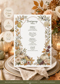 A Thanksgiving menu template with a decorative border of fall leaves, gourds, and fruit, with three icons to the left: "Editable in Canva," "Instant Download," and "Easy to Share."