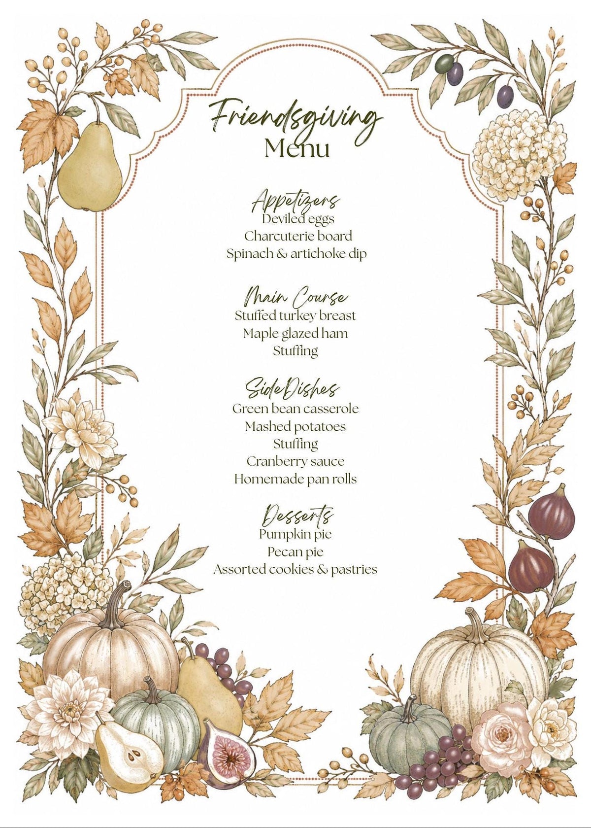 A white menu card with a decorative border of fall foliage, gourds, and fruit, with the text "Friendsgiving Menu" at the top.