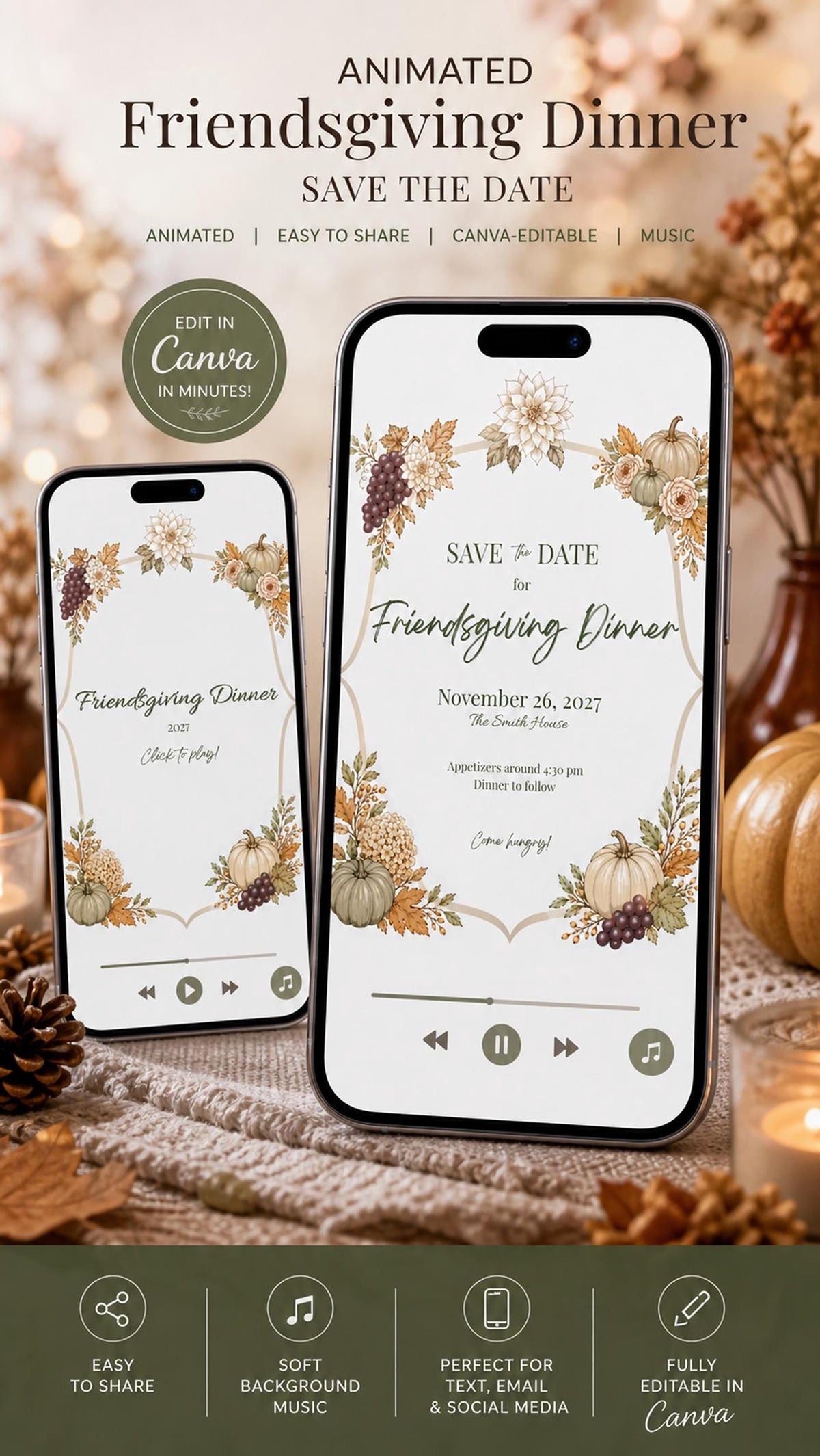 Two smartphone screens display a Friendsgiving invitation with autumn-themed borders, showing event details and a "Click to play!" message, with icons for sharing and editing.